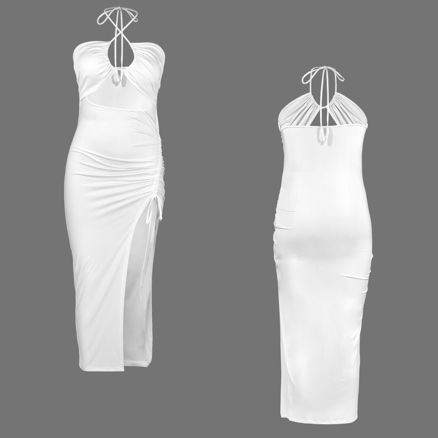 Jus White. Halter High Split Dress