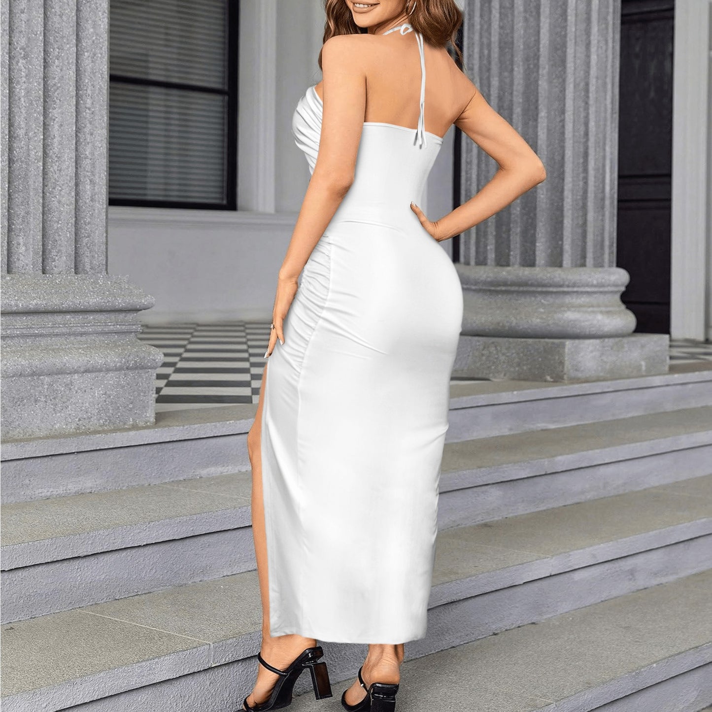 Jus White. Halter High Split Dress