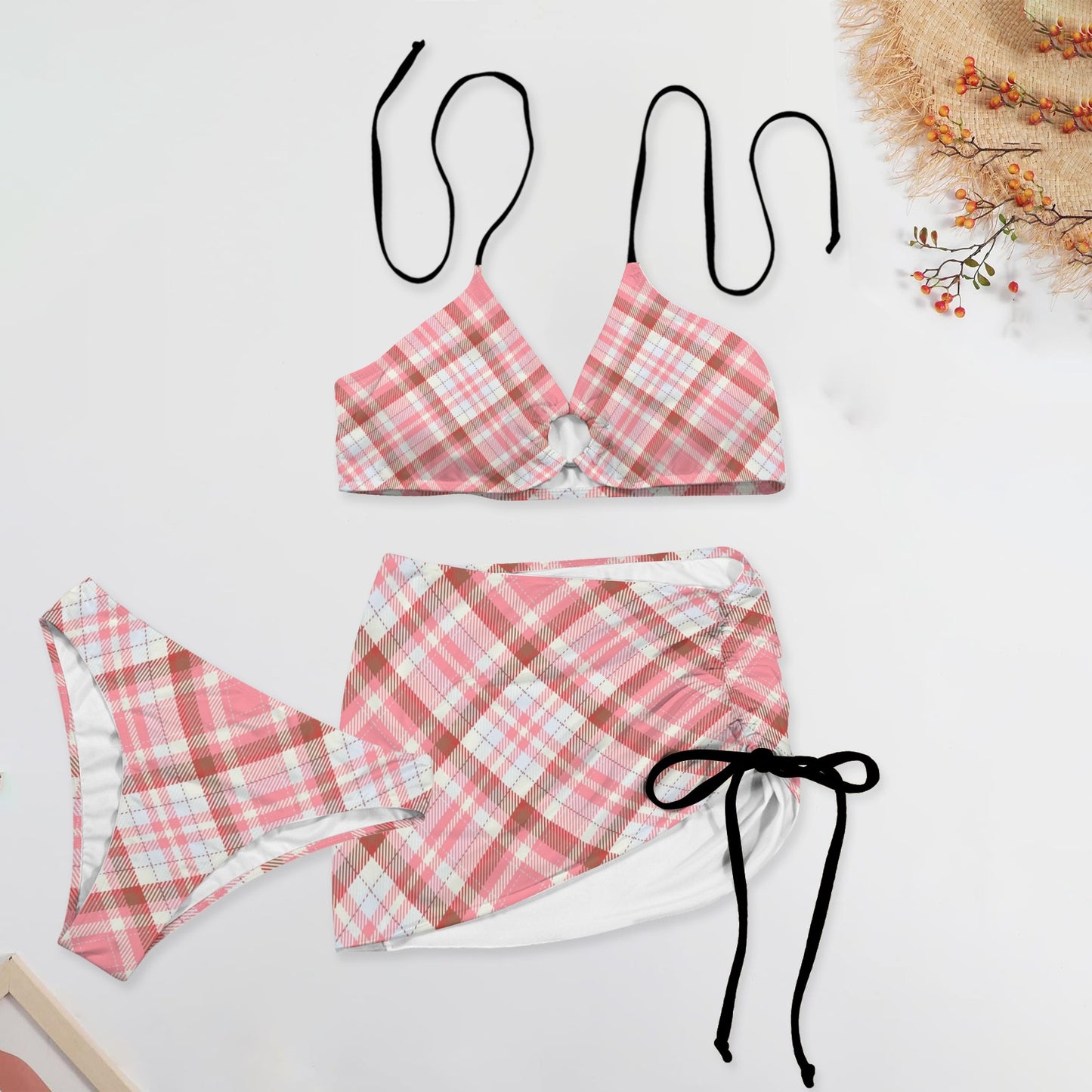 Pink Plaid. Three Piece Swimsuit