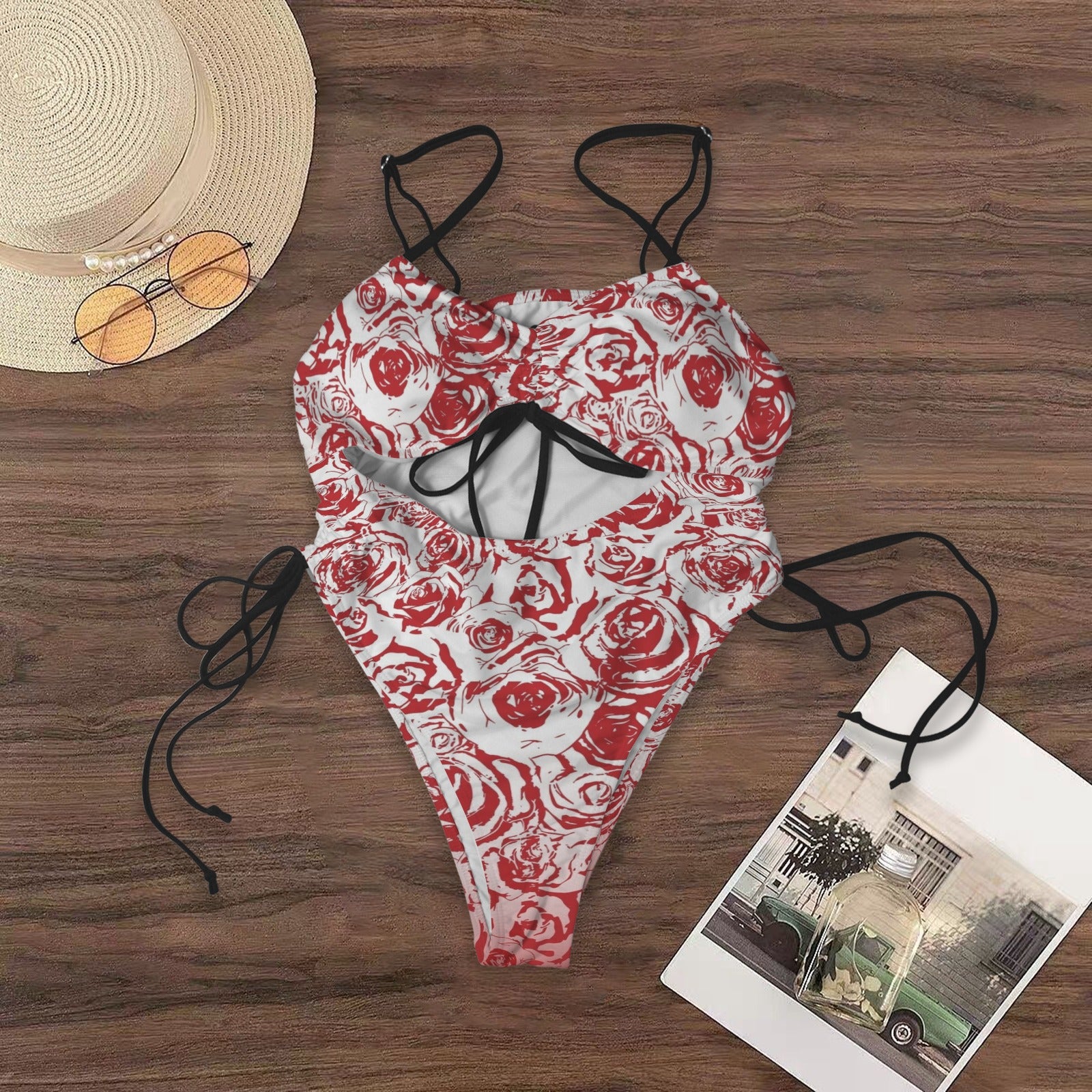 Red Roze. Drawstring Cutout One-Piece Swimsuit