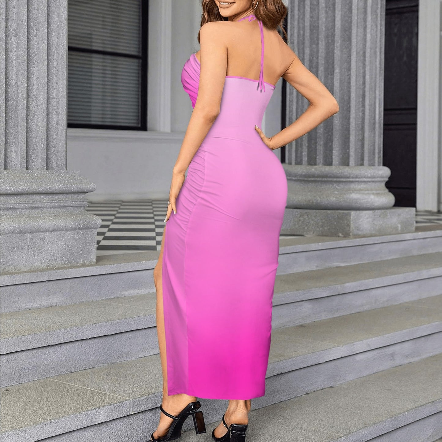 Li Pink. Halter High Split Dress